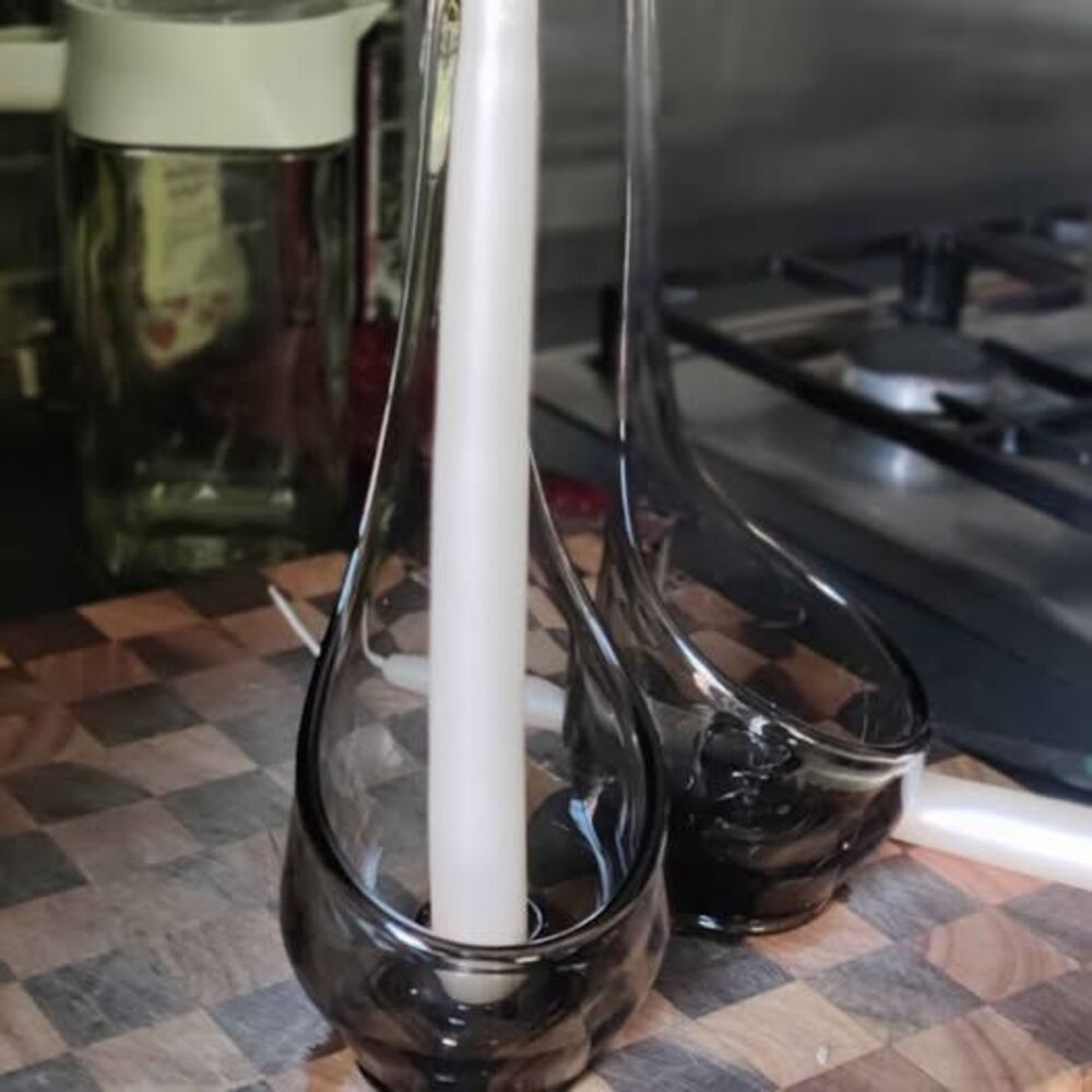 Black Pair of Vintage Viking MCM Smoke Gray Hand Blown Swung Glass Candle Holder